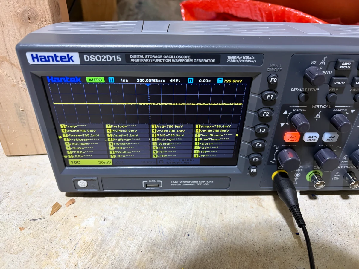 Hantek DSO2D15 oscilloscope measuring the TX-A TPS61085 supply rail, with a flat yellow trace and a displayed average of 796.9 mV and peak-to-peak variation of 3.2 mV.