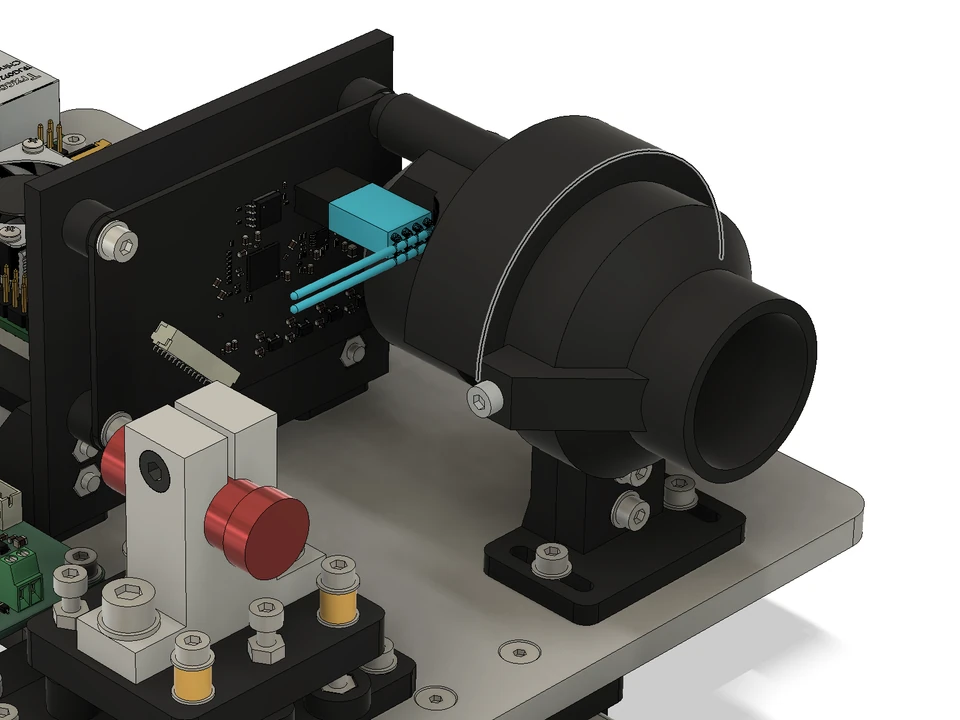 Fusion CAD close-up of the black receiver lens hood and shroud, its support feet, and the upright receiver board behind it.
