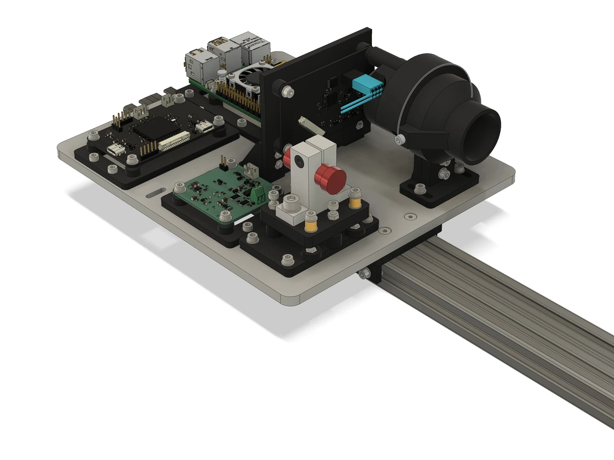Three-quarter Fusion CAD view of the laser sled, showing the Raspberry Pi, custom boards, laser holder, and black receiver shroud on a shared baseplate above an aluminum rail.