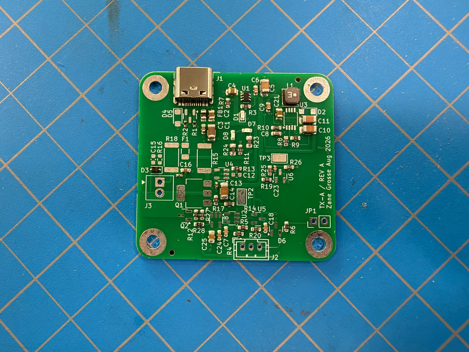 Top view of TX-A with fitted surface-mount components and empty through-hole footprints.
