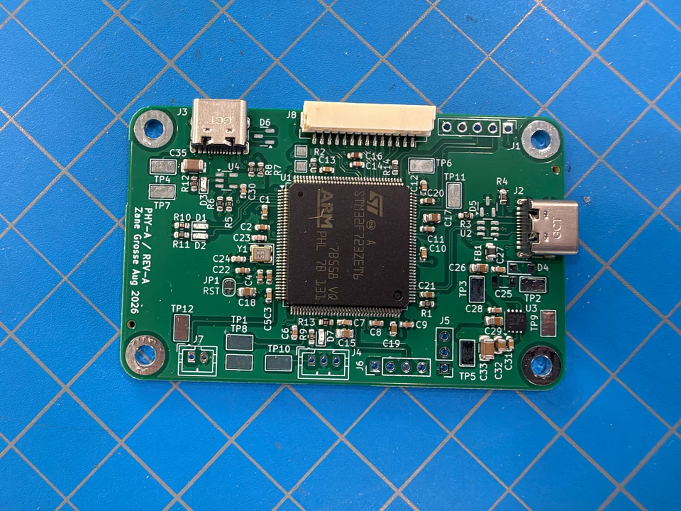 Close view of the USB interface showing the STM32F723, two USB-C sockets, and board connector.